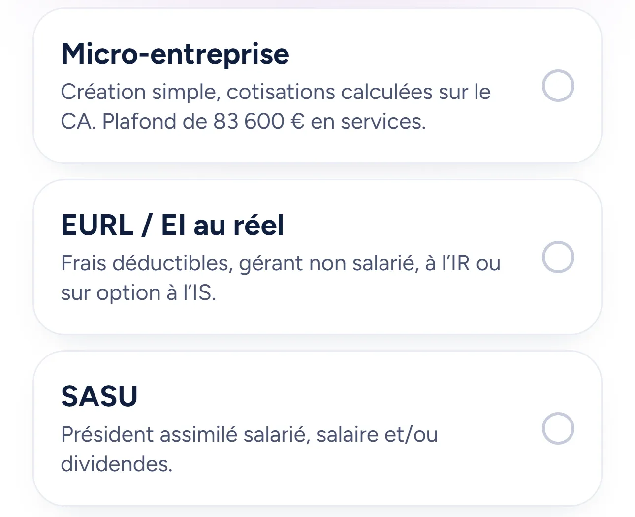 Choix du statut juridique : micro-entreprise, EURL / EI au réel ou SASU